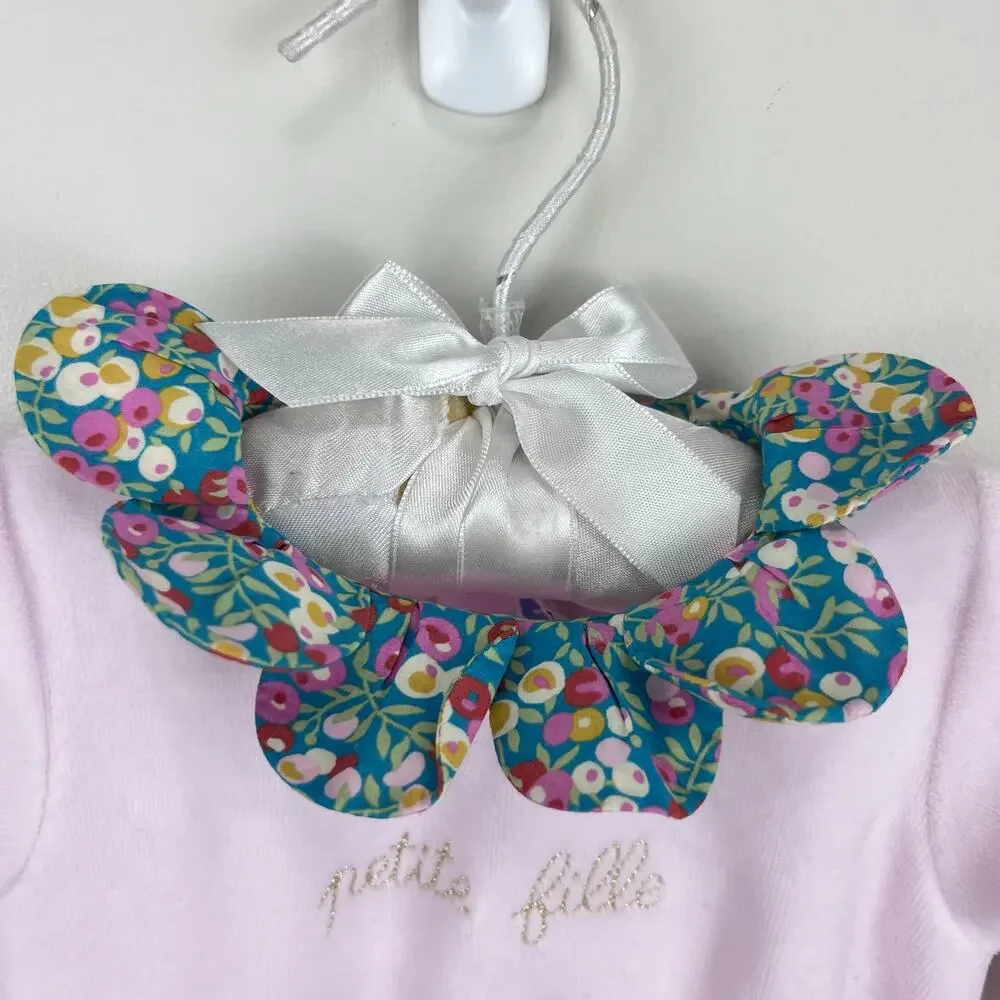 Jacadi Paris Pink Velour Floral Petal Collar Footie Coverall 3 Months